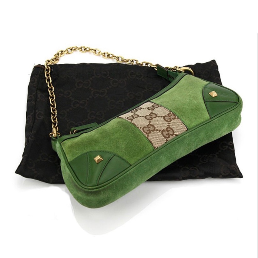Gucci Authentic Green Suede Gold Chain monogram Pochette shoulder purse
